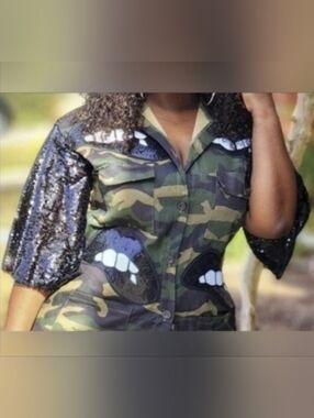 Camouflage Jacket with Sequin Lip Patch